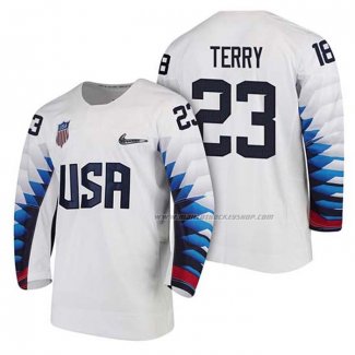 Maillot Hockey USA Troy Terry 2018 Olympic Blanc